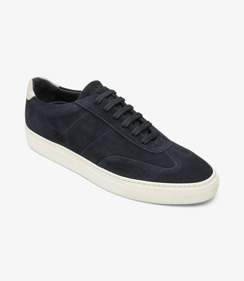 Men's Owens Navy Suede trainer shoes, featuring rubber soles | Angle View
