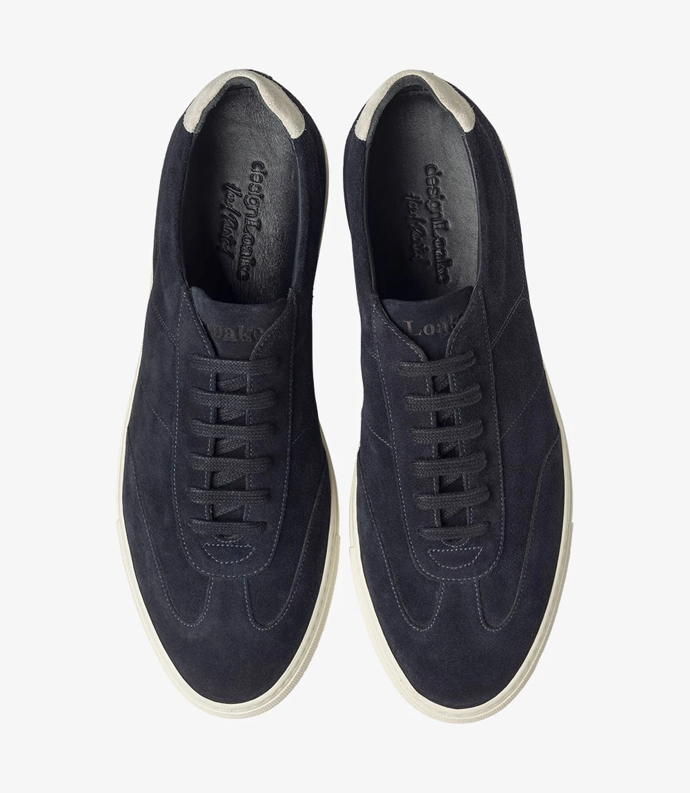 Men's Owens Navy Suede trainer shoes, featuring rubber soles | Top View