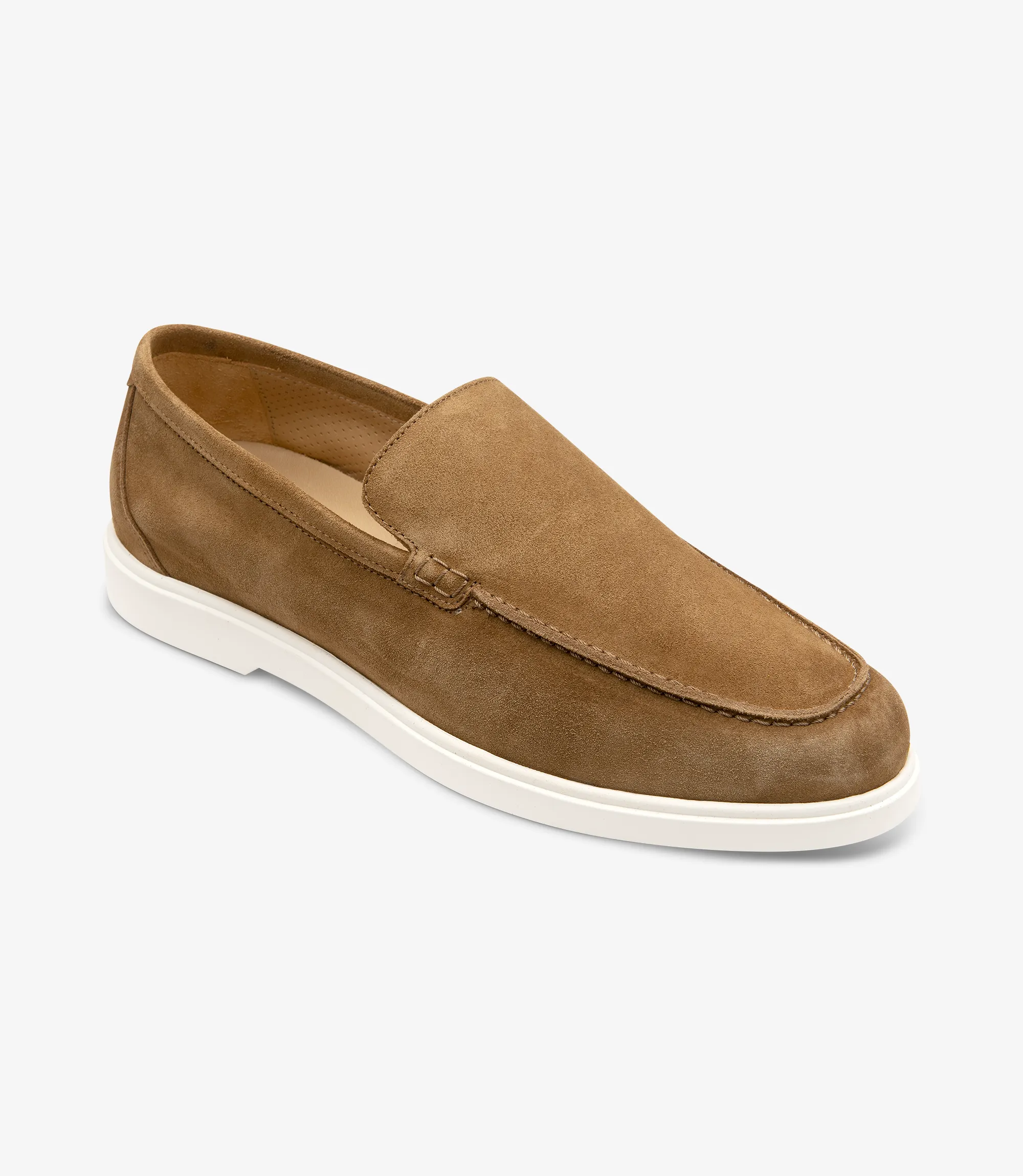 Men's Tuscany Chestnut Brown Suede loafer shoes featuring rubber soles | Angle View