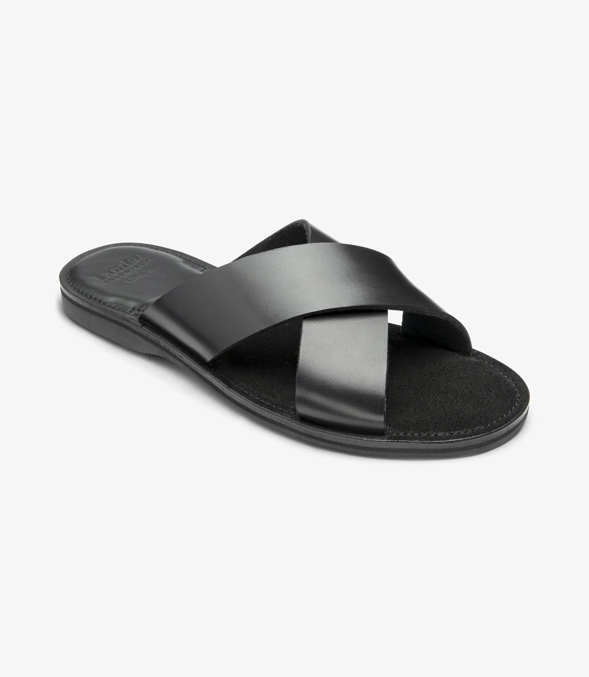 Men's Crete Black sandal shoes featuring rubber soles | Angle View
