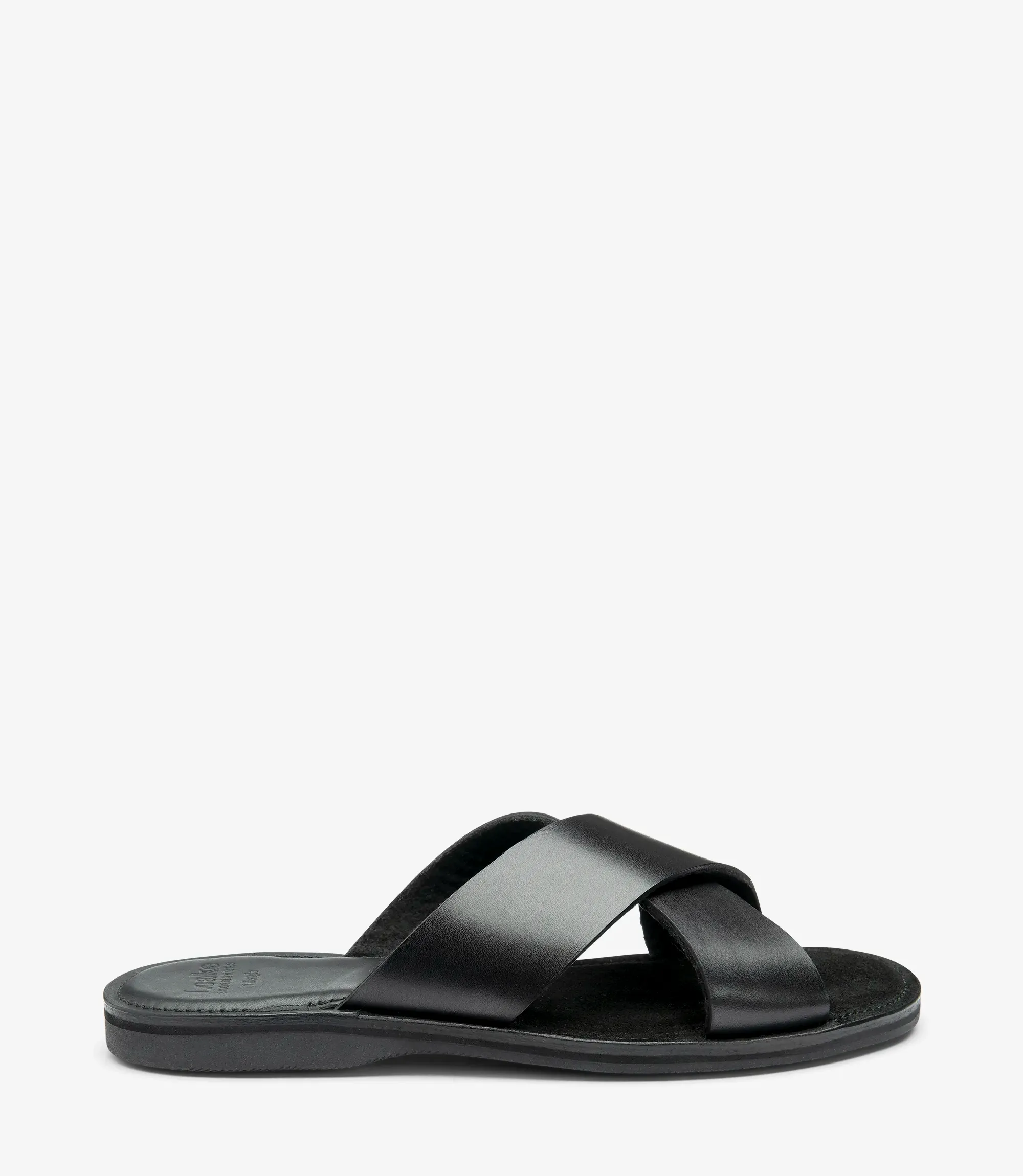 Men's Crete Black sandal shoes featuring rubber soles | Side View