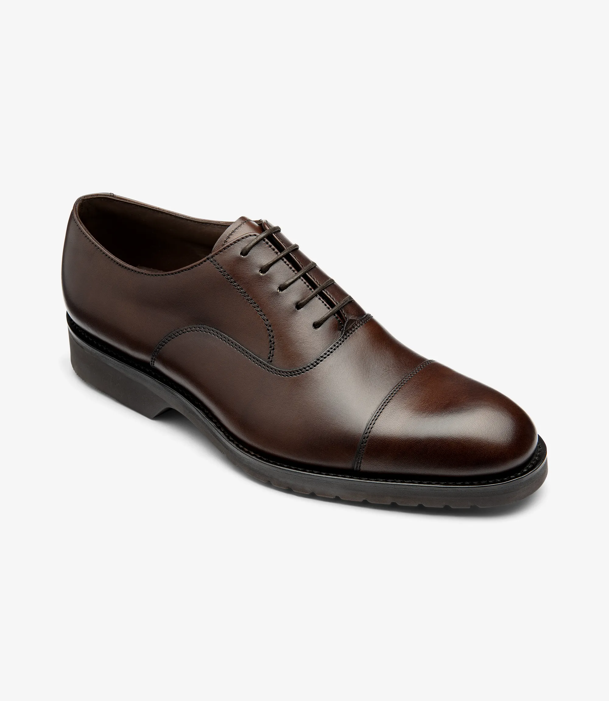 Men's Hitchcock Dark Brown toe-cap shoes featuring rubber soles | Angle View