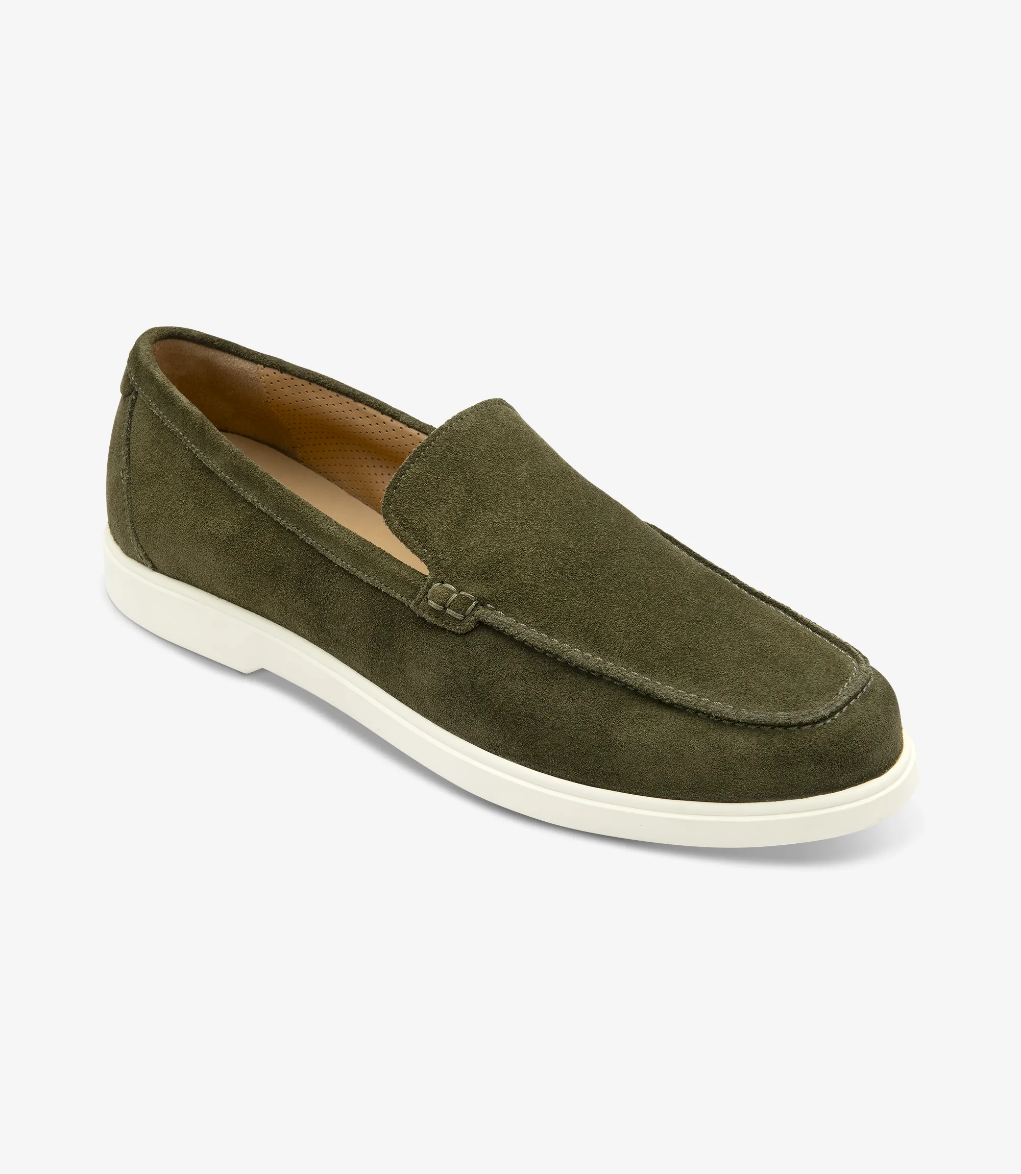 Men's Tuscany Olive Suede loafer shoes featuring rubber soles | Angle View