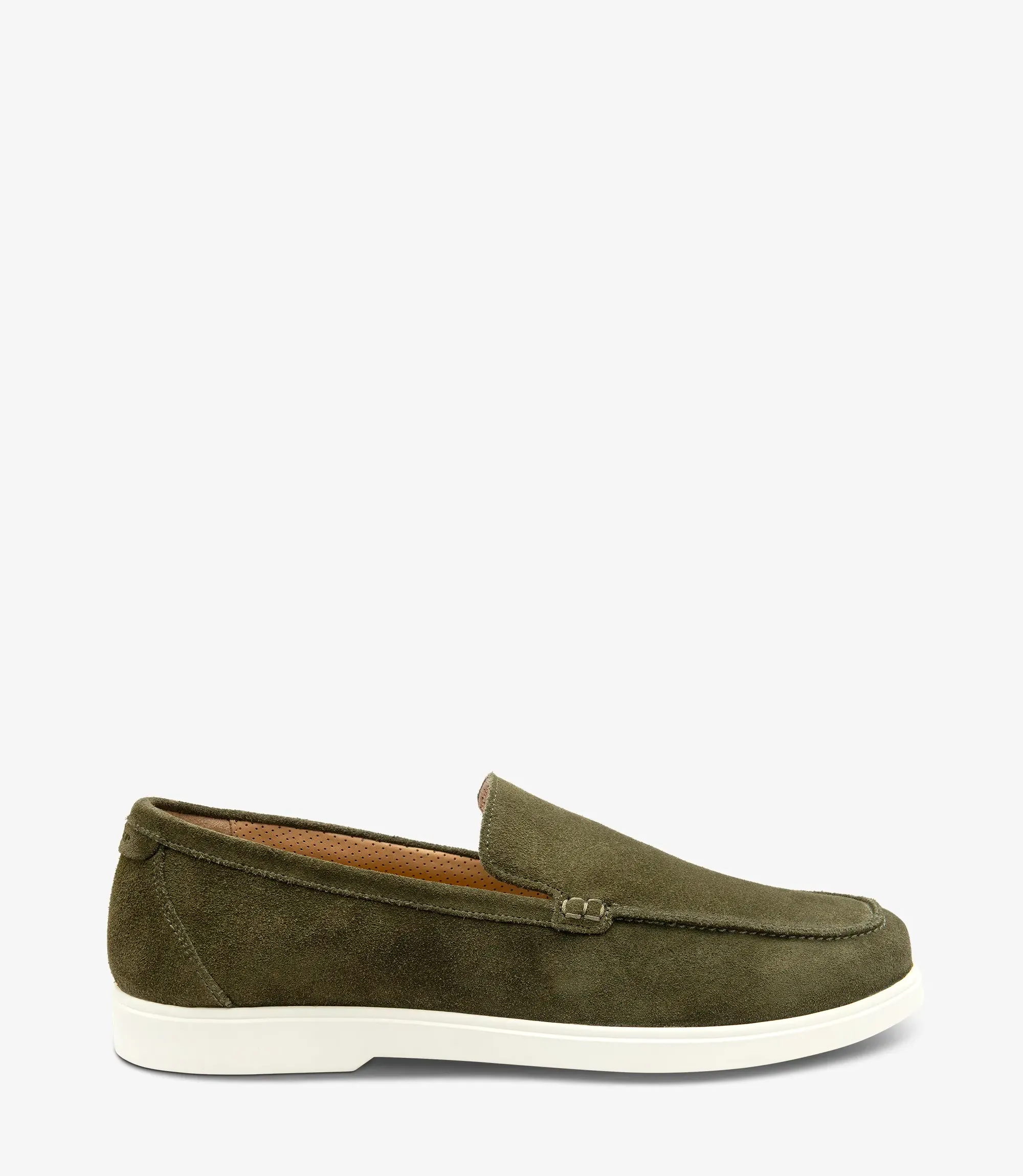 Men's Tuscany Olive Suede loafer shoes featuring rubber soles | Side View