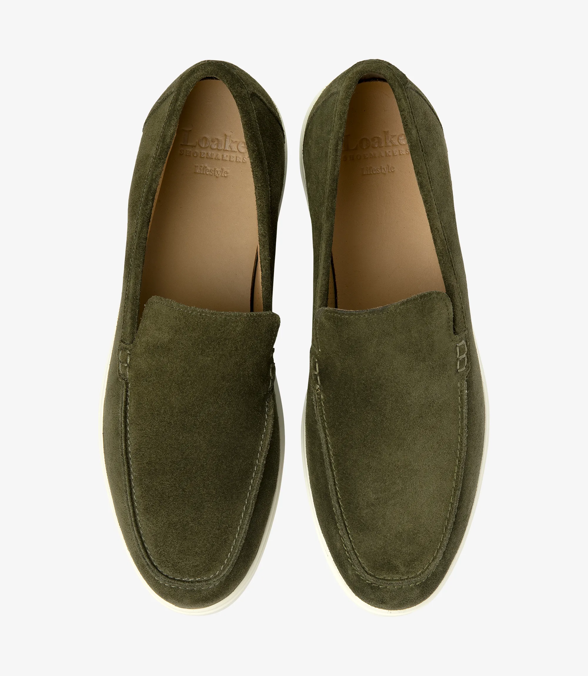 Men's Tuscany Olive Suede loafer shoes featuring rubber soles | Top View
